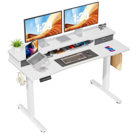 White Standing Desk with 2 Drawers, Stand Up Electric Standing Desk Adjustable Height, Storage Shelf and Control Panel, Sit Stand Desk for Home, Office, Bedroom, 55 Inch