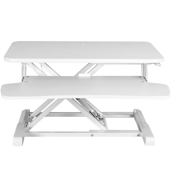 White Standing Desk Converter with Adjustable Surface and Keyboard Tray