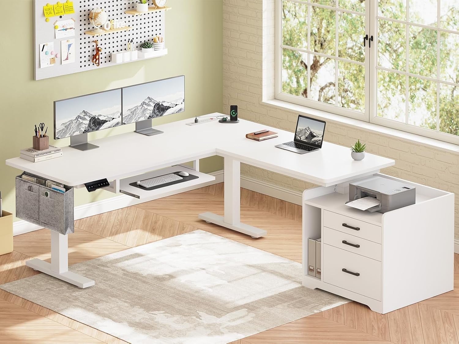 SEDETA White Standing Desk, L Shaped Desk with Electric Adjustable Height, Home Office Desk with Wood Drawers & Power Outlets, Large PC Workstation with Keyboard Tray, 63" × 53" Stand Up Office Desk