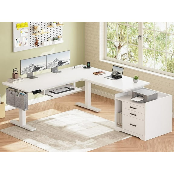 SEDETA White Standing Desk, L Shaped Desk with Electric Adjustable Height, Home Office Desk with Wood Drawers & Power Outlets, Large PC Workstation with Keyboard Tray, 63" × 53" Stand Up Office Desk