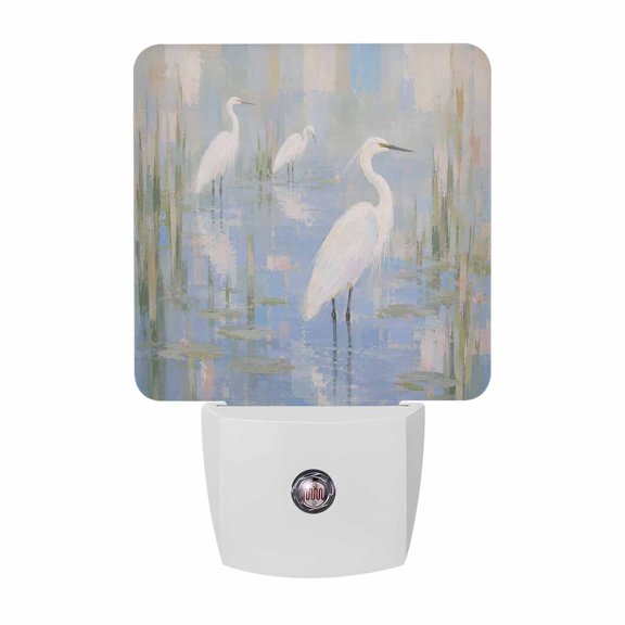 White Standing Egrets Night Light, Minimalist Heron Bird Blue Lake French Country Plug in Night Lights with Dusk to Dawn Sensor, Energy Saving Gray LED Nightlight for Bedroom Bathroom, Auto On/Off