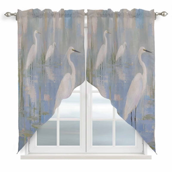 White Standing Egrets Swag Curtain Valance for Windows, Minimalist Heron Bird Blue Lake French Country Window Treatments Short Swag Topper for Kitchen Windows Bathroom Bedroom, 36"x36"