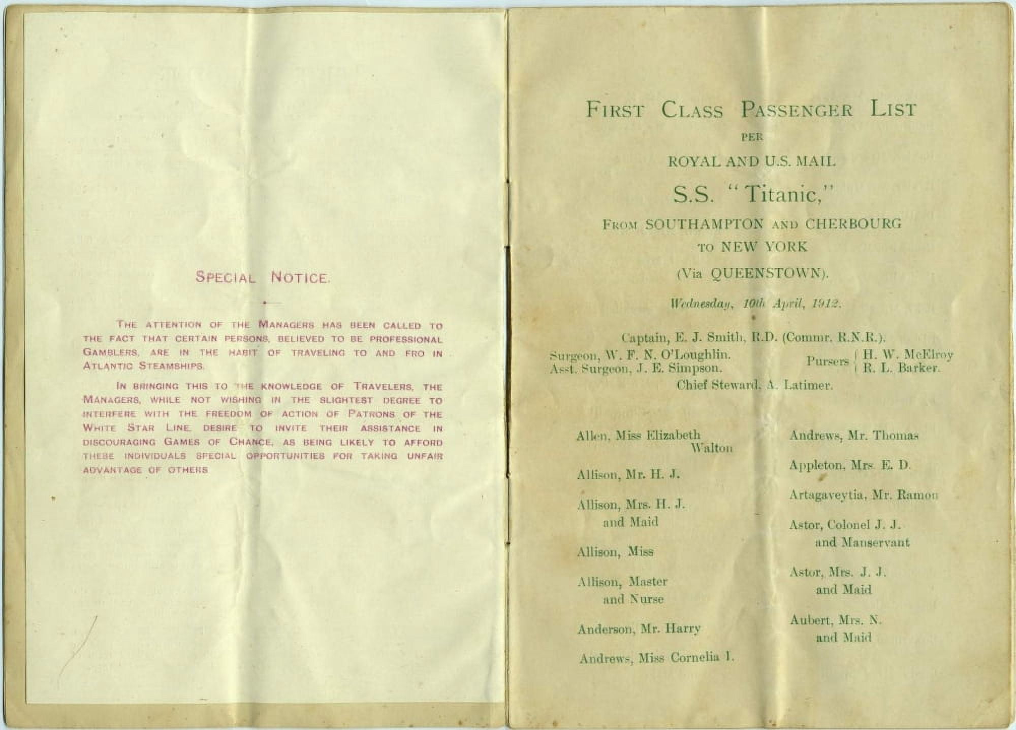 White Star Line Passenger list booklet 6 Canvas Art -  (24 x 36)