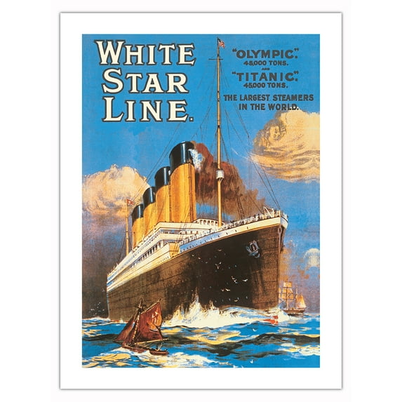 White Star Line - RMS Olypmic RMS Titanic - The Largest Steamers in World - Vintage Ocean Liner Travel Poster c.1911 - Bamboo Fine Art 290gsm Paper (Unframed) 12x16in