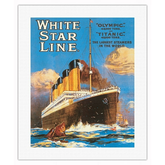 White Star Line - RMS Olypmic RMS Titanic - The Largest Steamers in World - Vintage Ocean Liner Travel Poster c.1911 - Fine Art Rolled Canvas Print 16in x 20in