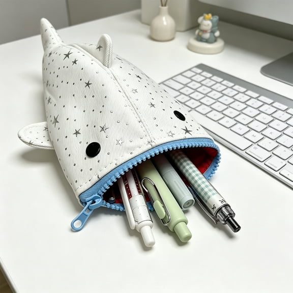 White Star Print Shark Pattern Pencil Pouch, Polyester Zipper Bag, Cute Portable Storage Pouch for Stationery and Daily Learning Supplies