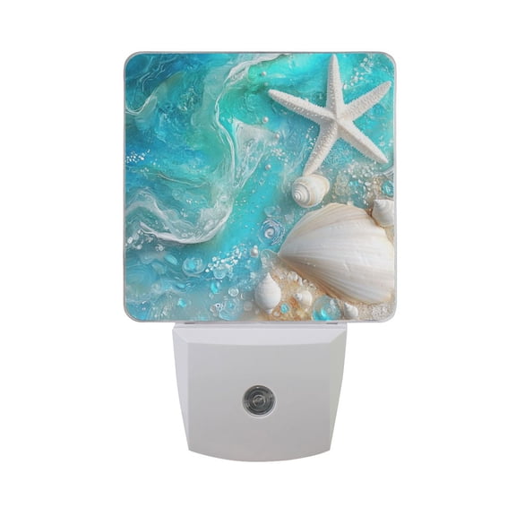 White Starfish Shells Blue Sea LED Night Light with Smart Sensor Plug Into Wall Dusk to Dawn 2 packs