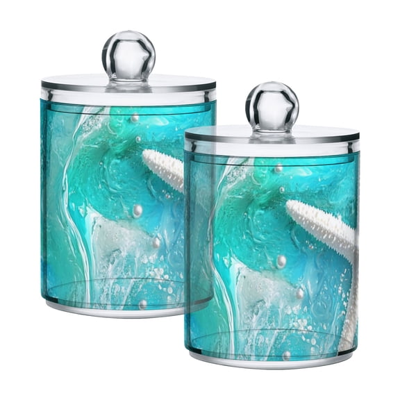 White Starfish Shells Blue Sea Translucent Plastic Cans Storage Canisters with Lid Set of 2