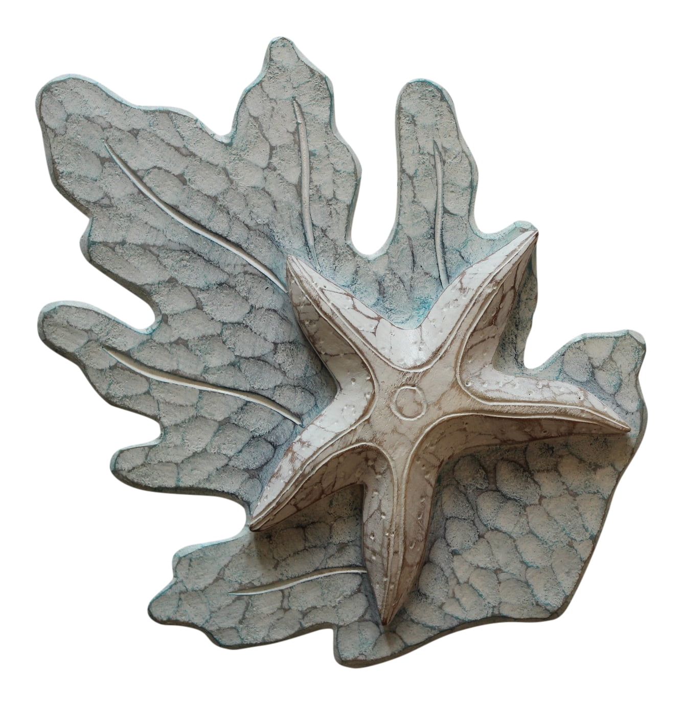 White Starfish on Aqua Reef Carved Wood Wall Plaque 11 Inches