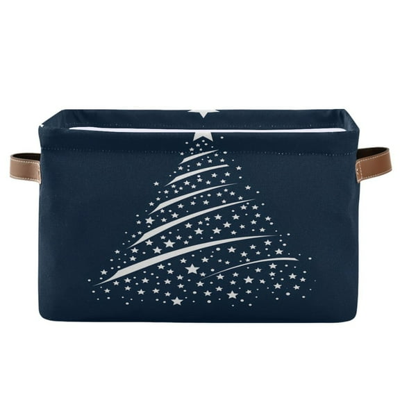 White Starry Christmas Tree Storage Bins with Handle Fabric Organizer Basket Foldable Box 1 Pack 14.2x10.2x8.3
