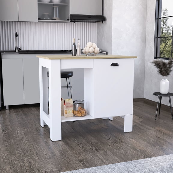 White Stationary Kitchen Island - Protect Items in Single Door - Dining Room Setup - Space for Kitchen Supplies
