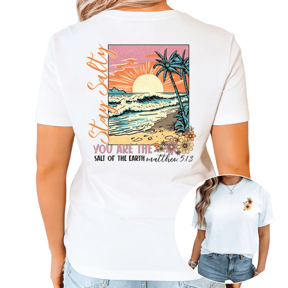 White Stay Salty Beach Sunset Matthew 5:13 Graphic Print Tshirt Graphic Tees Shirts Christian Religious Coastal Summer Casual Tops S-5XL
