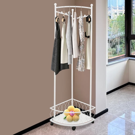 White Steel 45*170cm Corner Clothes Hanger Pulley Storage Rack Home Storage Coat Rack