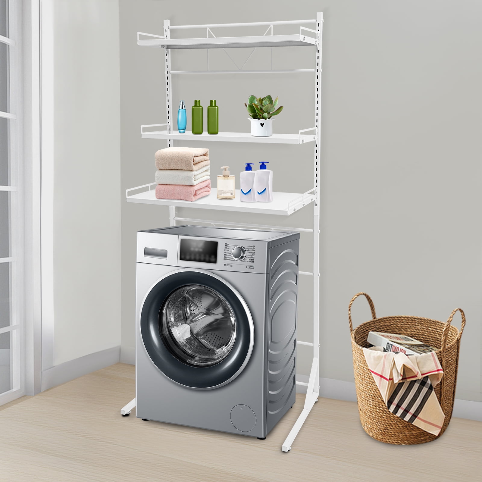 White Steel 68*46.5*88.5-161.5cm Upper 3-Layer Storage Rack For Washing Machine Floor-Standing Storage Rack