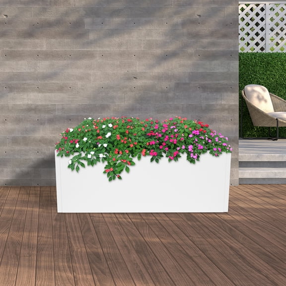 White Steel 96.5x38x38cm Rectangular Trough Flowerpot Box, Outdoor Modern Durable Planting Box