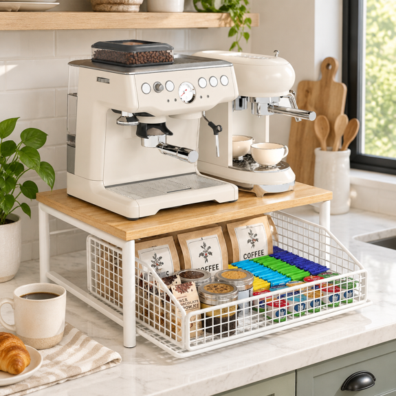 White Steel Frame Wooden Countertop Coffee Pod Drawer Organizer