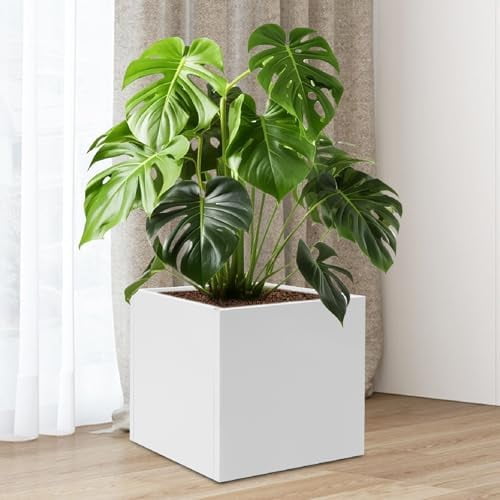 White Steel Planter Box Square Outdoor  Flower Pot, Tree Planters Pot Heavy Duty Cube Planter Box 20Inch Large Square Planters for Patio, Deck, Yard, Garden