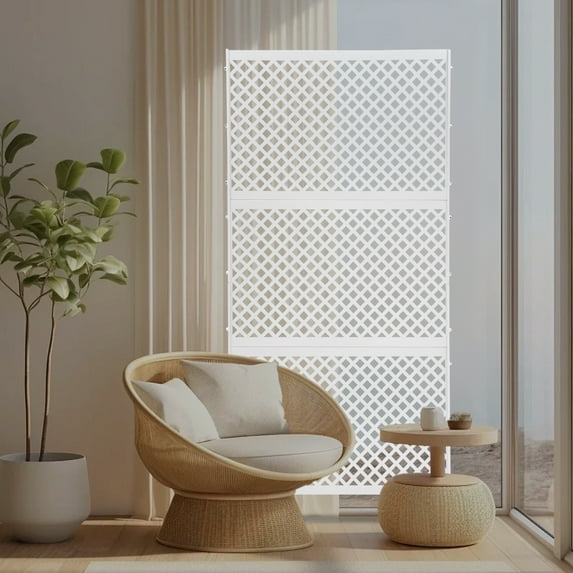 White Steel Privacy Screen, Diamond-shaped Decorative Privacy Screen, 3 Panels Freestanding Privacy Fence Screen