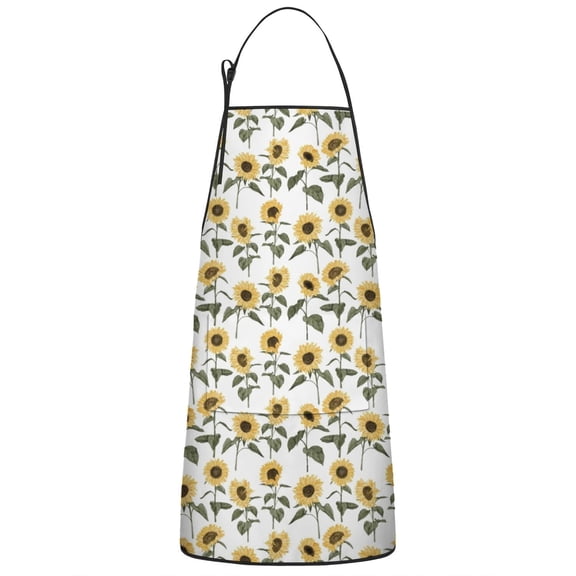 White Stem Sunflower Pattern Apron-Garden Aprons for Women with Pockets-Cotton Linen Waterproof Kitchen Cooking Gardening Aprons Adjustable for Kitchen,Cooking,BBQ and Salon 33x27 Inch