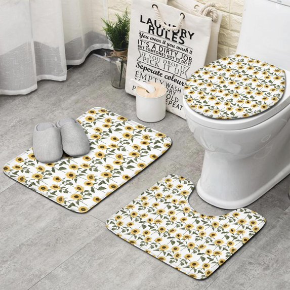 White Stem Sunflower Pattern Bathroom Rugs Sets 3 Piece,Toilet Cover Set,Absorbent Non Slip Bathroom Mats Sets with U-Shaped Contour Rug Toilet Rug Set