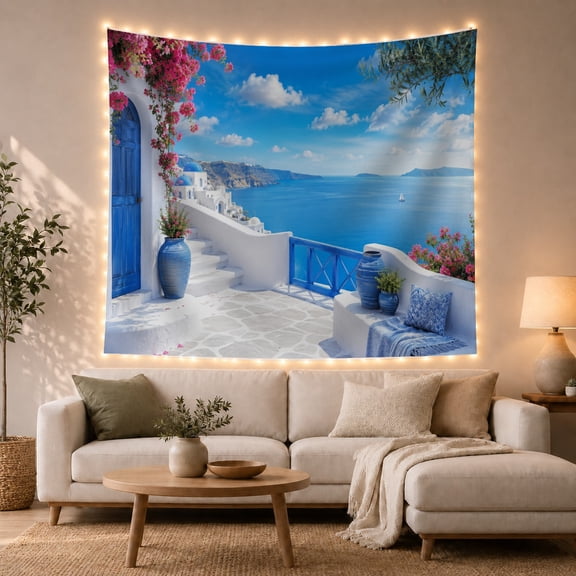White Steps Leading to Sea with Bougainvillea Serene Coastal for Nature Lovers Mediterranean Wall Art Housewarming Gift Tapestry Wall Hanging for Living Room and Bedroom