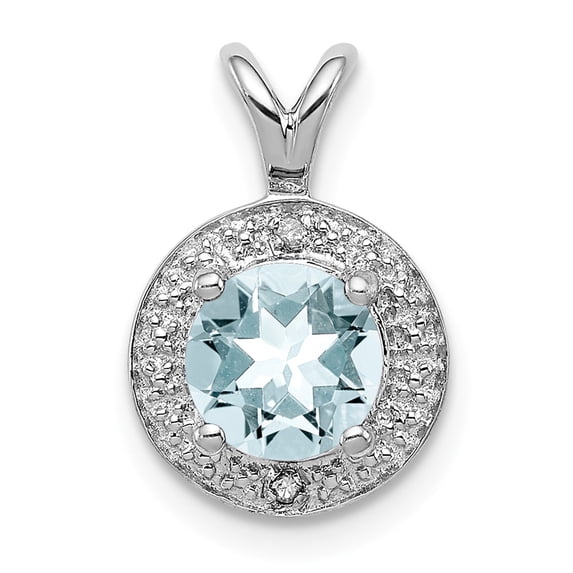 White Sterling Silver Charm Pendant (03) March Aquamarine Round Blue Diamond 14 mm 10