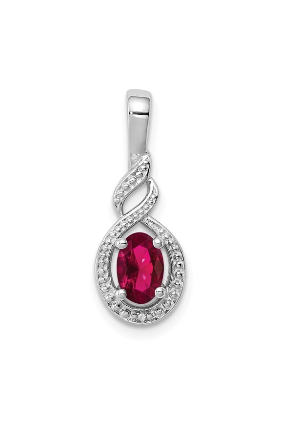 White Sterling Silver Charm Pendant (07) July Ruby, Lab Created Oval Red Diamond Round 13 mm 7