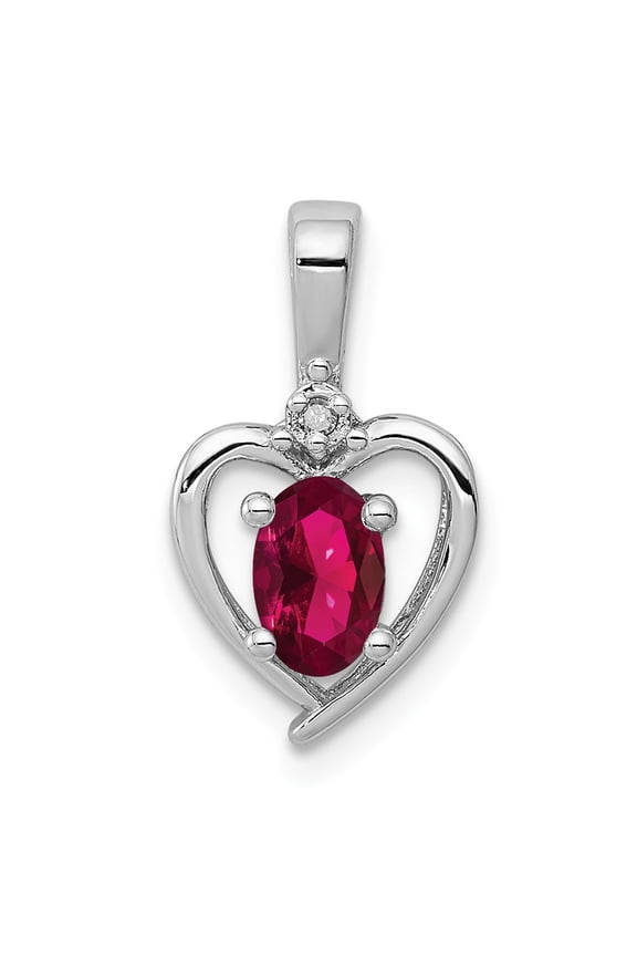 White Sterling Silver Charm Pendant (07) July Ruby, Lab Created Oval Red Diamond Round 16 mm 10
