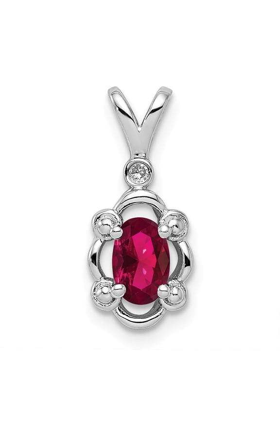 White Sterling Silver Charm Pendant (07) July Ruby, Lab Created Oval Red Diamond Round 17 mm 8