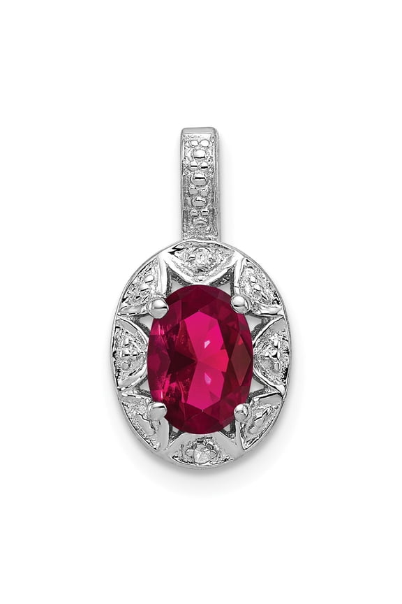 White Sterling Silver Charm Pendant (07) July Ruby Lab Created Oval Red Diamond