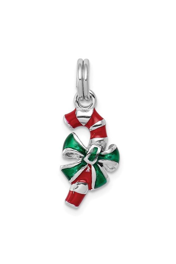 White Sterling Silver Charm Pendant 22 mm 8 Rhodium-Platedenamel Candy Cane