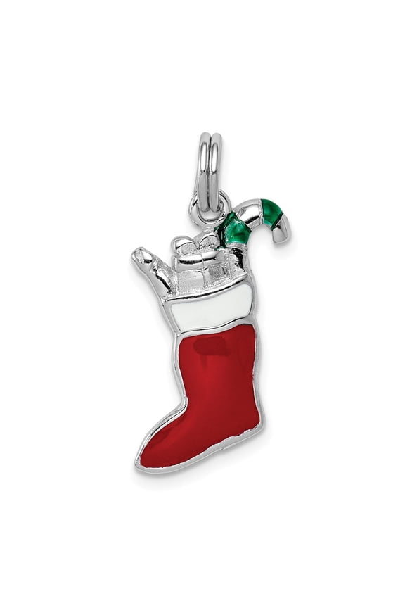 White Sterling Silver Charm Pendant 25 mm 13 Rhodium-Platedenamel Stocking