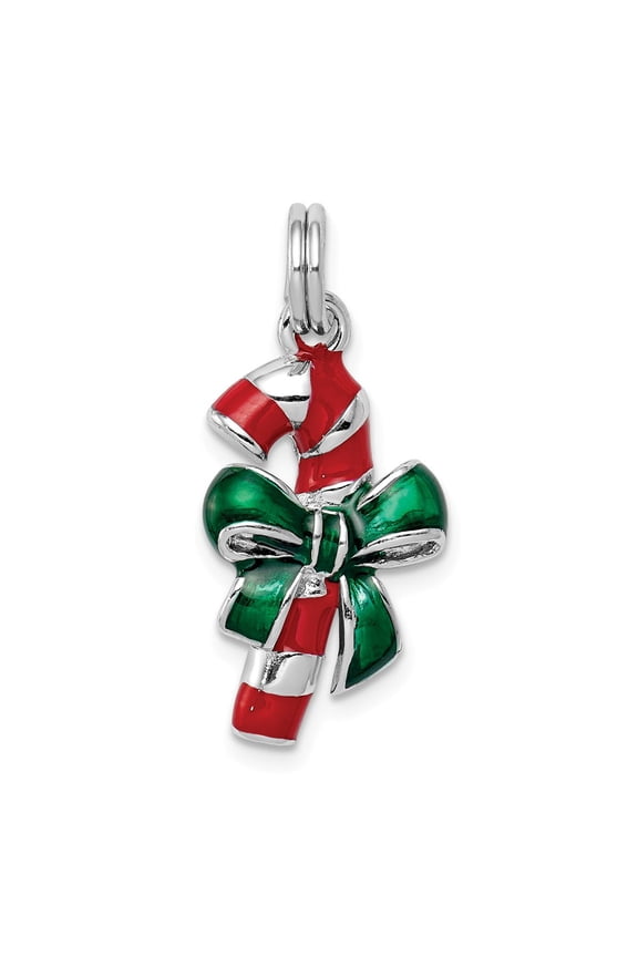 White Sterling Silver Charm Pendant 26 mm 11 Rhodium-Platedenamel Candy Cane