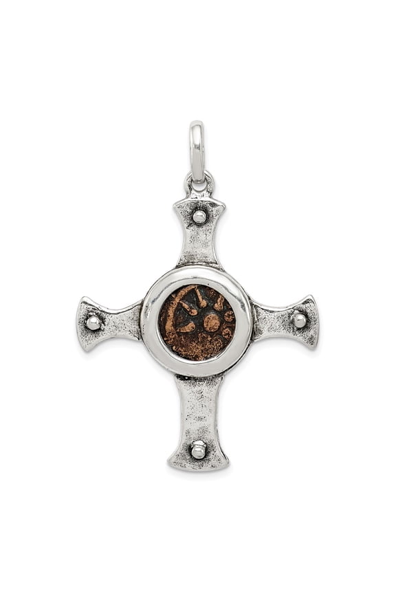 White Sterling Silver Charm Pendant 38 mm 32 & Bronze Antiqued Widows Mite Coin Cross