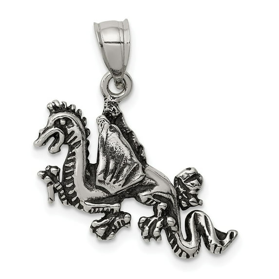 White Sterling Silver Charm Pendant Antiqued Flying Dragon
