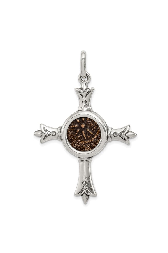 White Sterling Silver Charm Pendant Antiqued Widows Mite Coin Cross