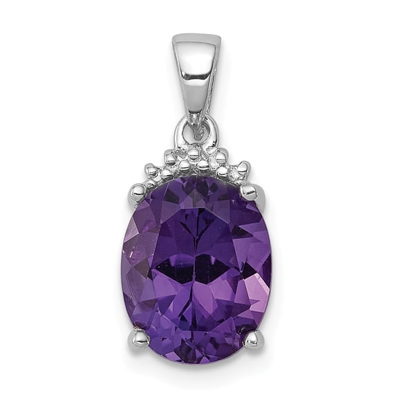 White Sterling Silver Charm Pendant Diamond Amethyst Oval Purple 17 mm 8