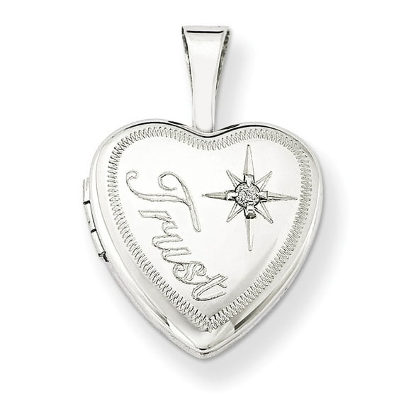 White Sterling Silver Charm Pendant Diamond & Trust 12Mm Heart Locket