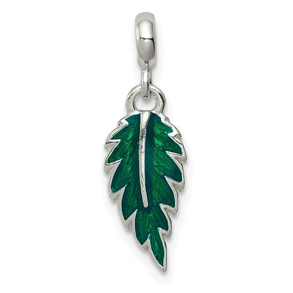 White Sterling Silver Charm Pendant Green 24 mm 7 Enameled Leaf Enhancer