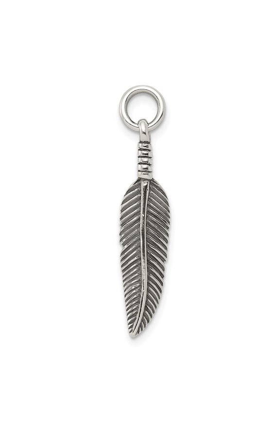 White Sterling Silver Charm Pendant Men'S 28 mm 6 Antiqued Feather