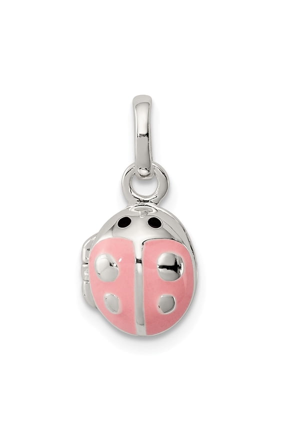 White Sterling Silver Charm Pendant Pink Enamel Ladybug Locket
