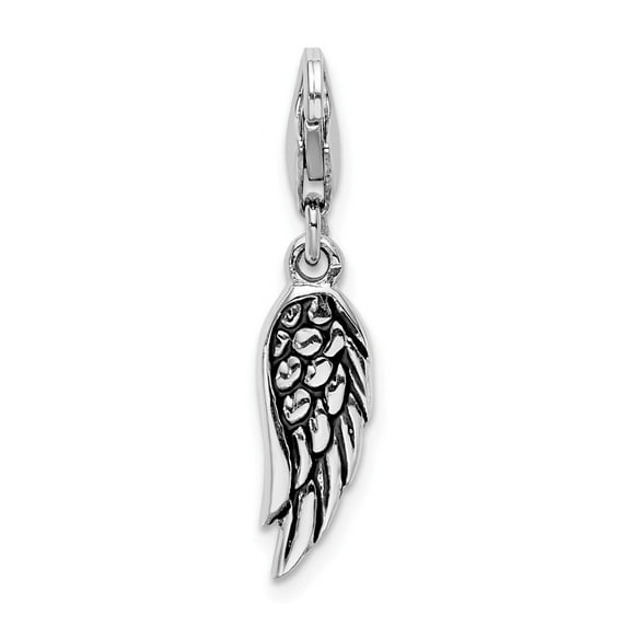 White Sterling Silver Charm Pendant Polished And Oxidized 3D Wing Lobster Clasp