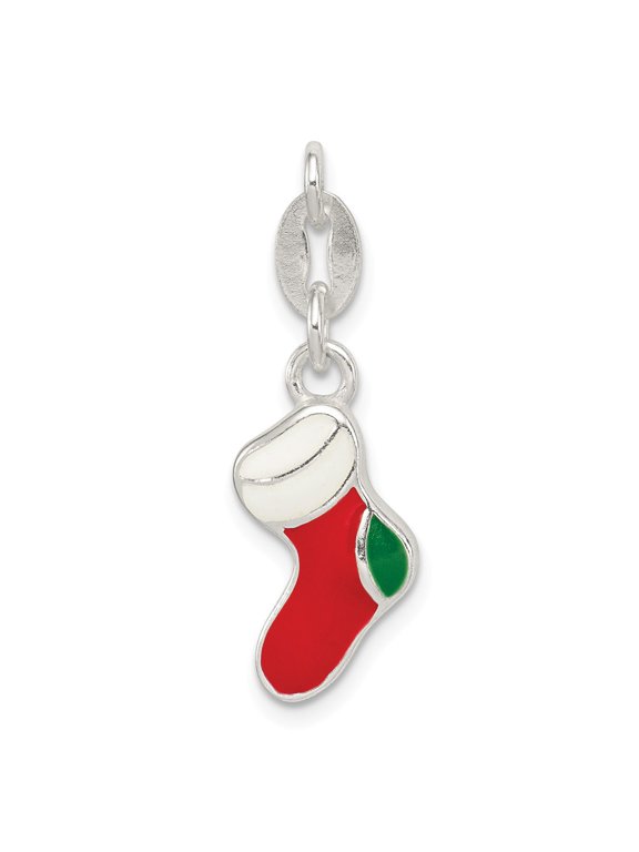 White Sterling Silver Charm Pendant Polished Enamel Christmas Stocking
