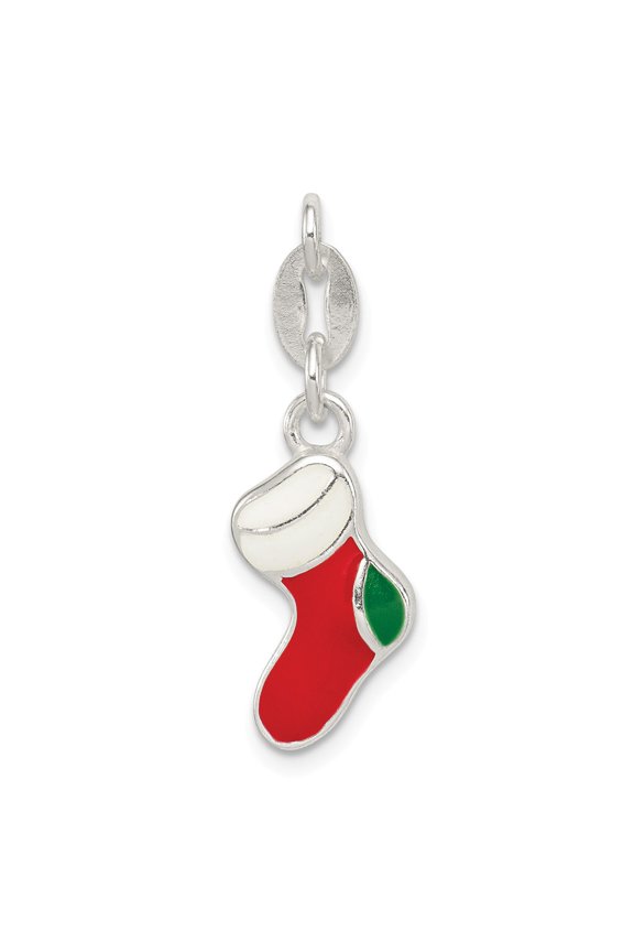 White Sterling Silver Charm Pendant Polished Enamel Christmas Stocking