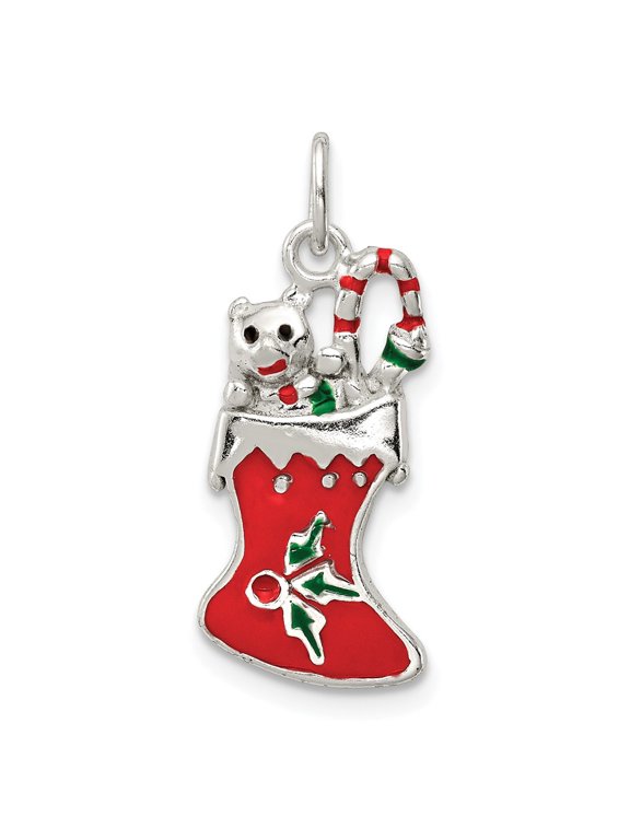 White Sterling Silver Charm Pendant Polished Enamel Christmas Stocking