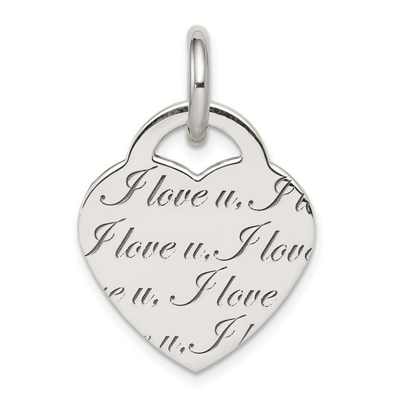 White Sterling Silver Charm Pendant Polished 'I Love U' Engraved Heart