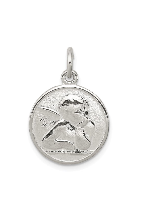 White Sterling Silver Charm Pendant Polished & Textured Small Raphael Angel