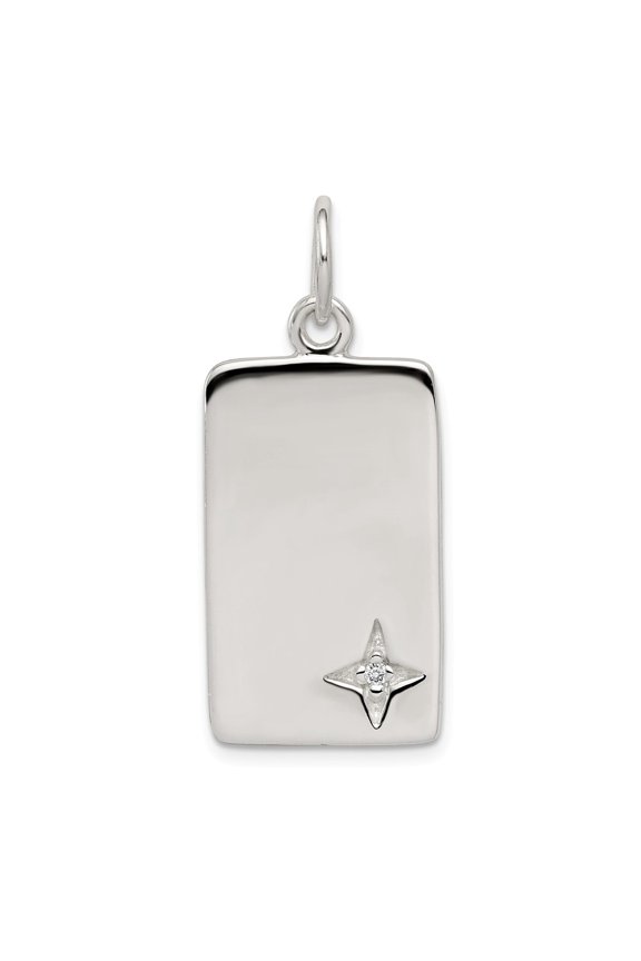 White Sterling Silver Charm Pendant Rounded Corners Diamond-Cut Cubic Zirconia CZ Clear 32 mm 14