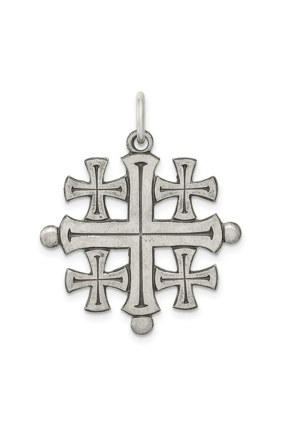 White Sterling Silver Charm Pendant Themed 26 mm Antiqued Jerusalem Cross