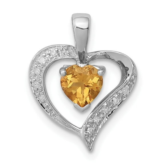 White Sterling Silver Charm Pendant Themed Citrine Heart Yellow Diamond 13 mm